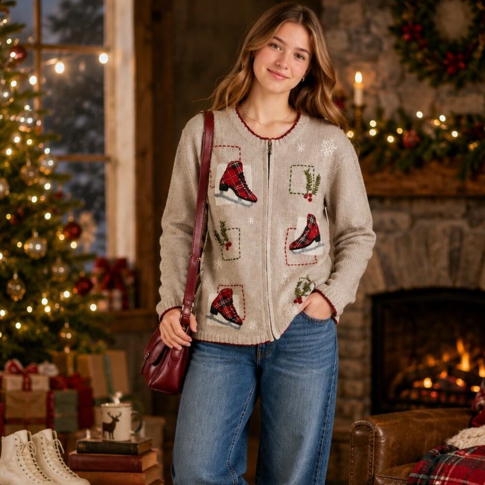 Croft & Barrow VTG SZ M Wool Angora Holiday Full-Zip Sweater Tartan Ice Skates